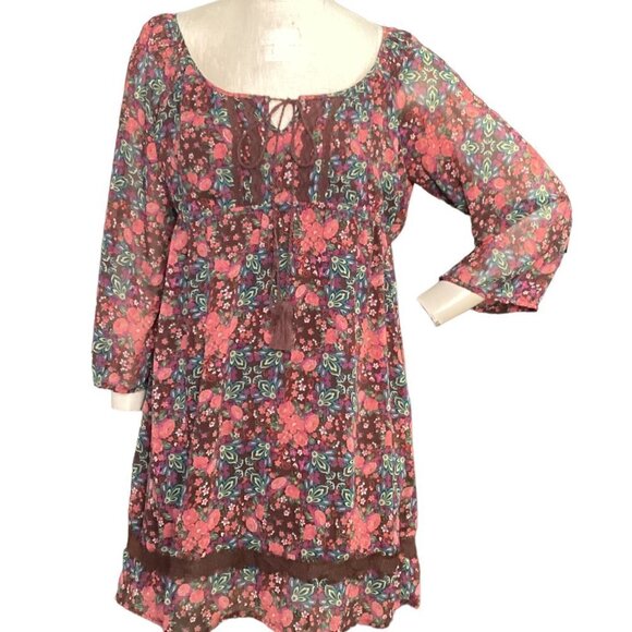 Flying Tomato Burgundy Floral BOHO Peasant Dress Sz L #183C - Picture 1 of 7